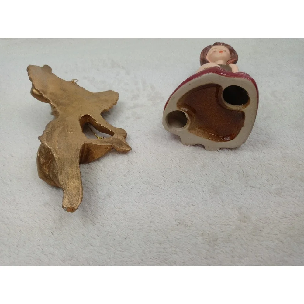 Angel Figurines Set of 2 Gold & Red Harp Hanging Christmas Holiday Decor‎